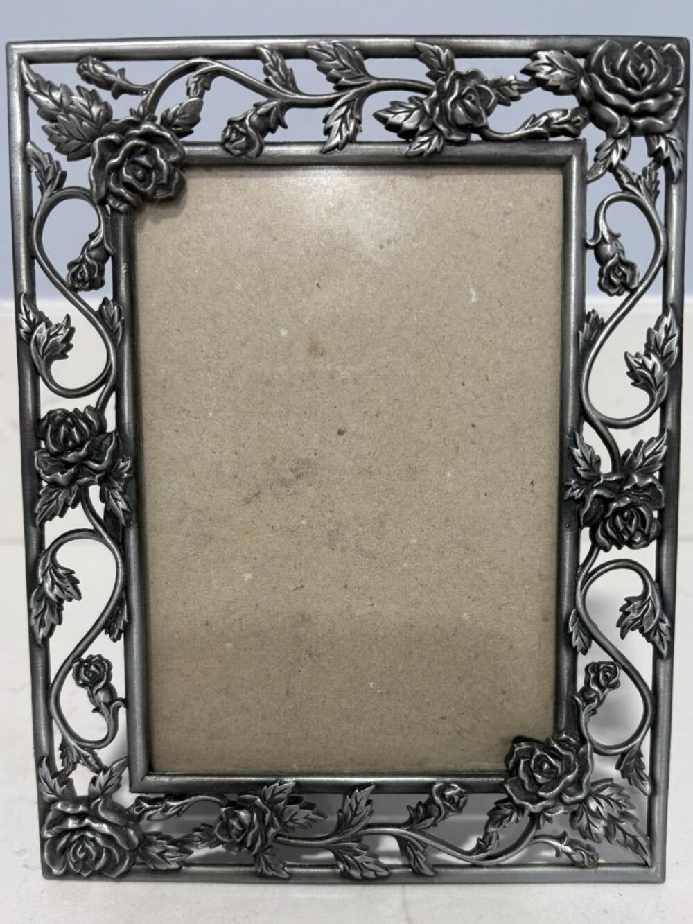 Ornate Floral Metal Gray Freestanding Portrait Photo Frame 4x6